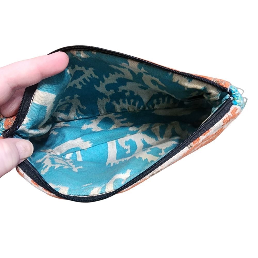 Aztec Print Cloth Cosmetic Bag Orange & Blue 9"X5.5"X2" - Picture 3 of 3